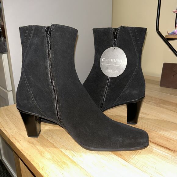 New NWT LA CANADIENNE ZIP Suede Ankle Booties Black Size 10 M 22316 Heels Boots - Picture 1 of 16